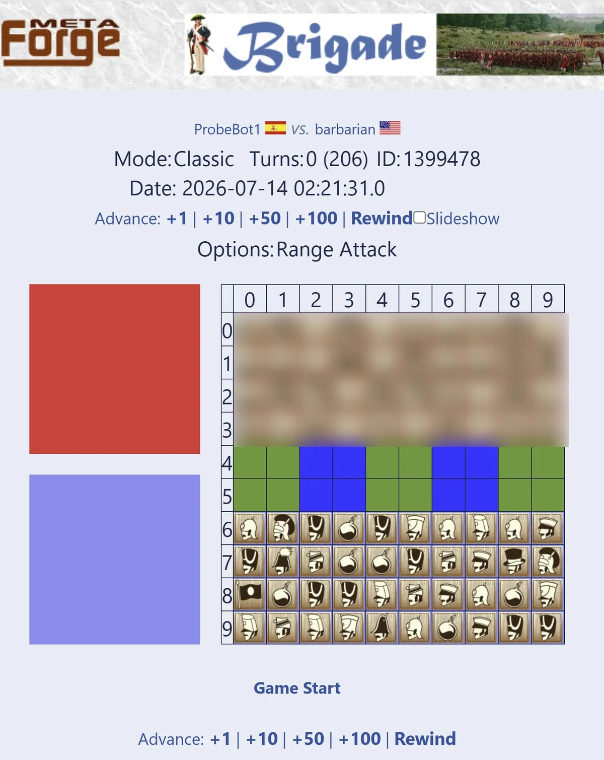 Brigade game start — barbarian vs ProbeBot, random setup, Probe's rows blurred