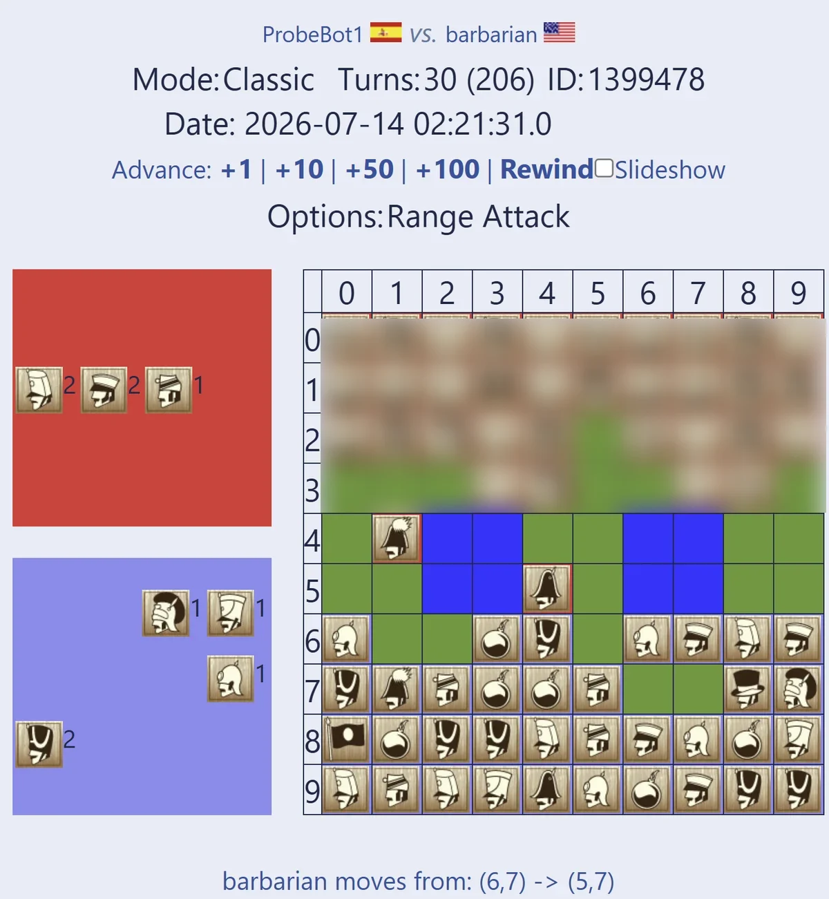 Brigade turn 30 — barbarian graveyard shows a Colonel and Major already lost