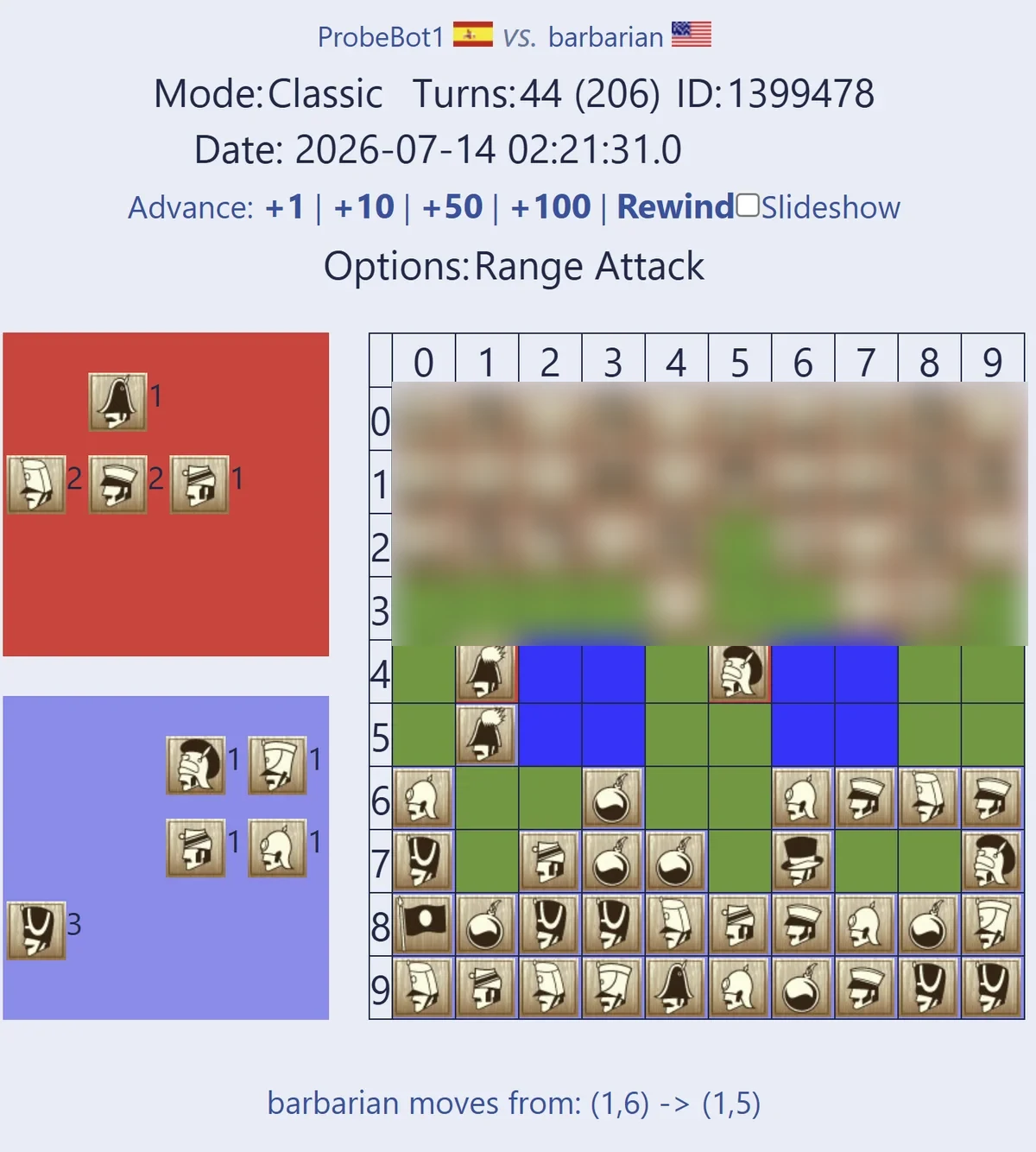 Brigade turn 44 — barbarian advances Marshal as bait for ProbeBot